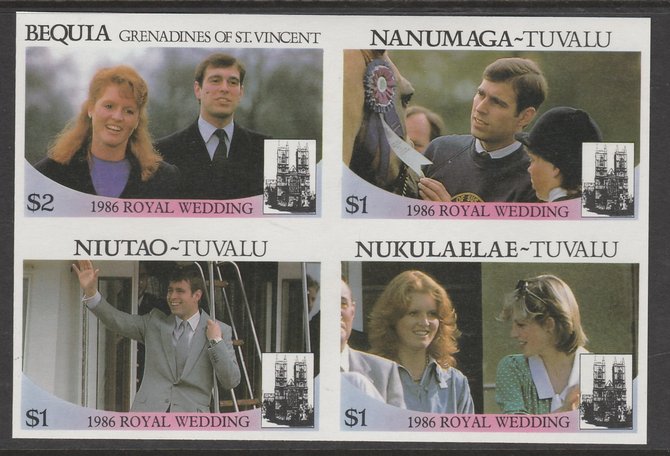 St Vincent - Bequia  1986 Royal Wedding $2 in imperf block of 4 se-tenant withNanumaga $1, Niutao $1 and Nukulaelae $1 unmounted mint. From an uncut trial proof sheet of which only 10 such blocks can exist. A recent discovery never previously offered., stamps on royalty       andrew & fergie
