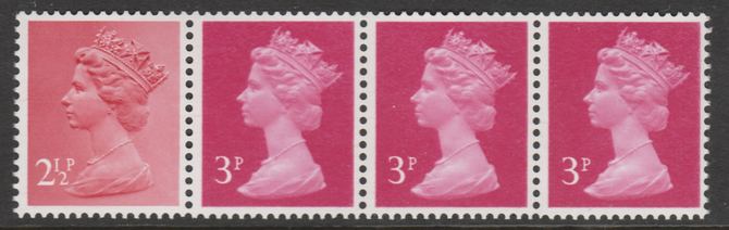 Great Britain 1981 Readers Digest multi-value coil strip of 4 (2.5p, 3p, 3p, 3p) with variety on 2.5d - Curved line in lower right corner and white dot behind Crown unmounted mint, stamps on machins