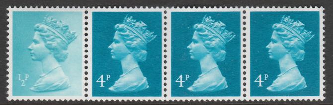 Great Britain 1981 Readers Digest multi-value coil strip of 4 (1/2p, 4p, 4p, 4p) with variety on 1/2d - Large background disturbance above Crown unmounted mint, stamps on machins