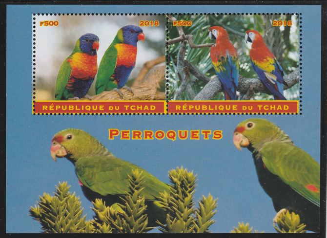 Chad 2018 Parrots perf sheetlet containing 2 values unmounted mint. Note this item is privately produced and is offered purely on its thematic appeal. . , stamps on , stamps on  stamps on birds, stamps on  stamps on parrots