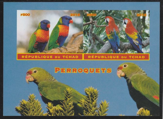Chad 2018 Parrots imperf sheetlet containing 2 values unmounted mint. Note this item is privately produced and is offered purely on its thematic appeal. . , stamps on birds, stamps on parrots