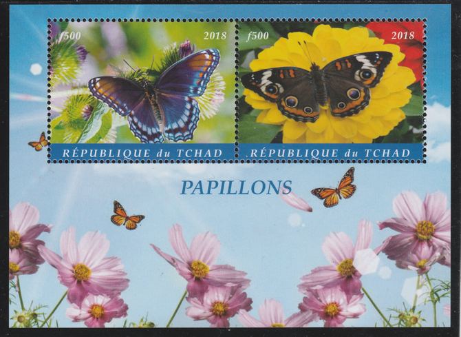 Chad 2018 Butterflies perf sheetlet containing 2 values unmounted mint. Note this item is privately produced and is offered purely on its thematic appeal. . , stamps on butterflies