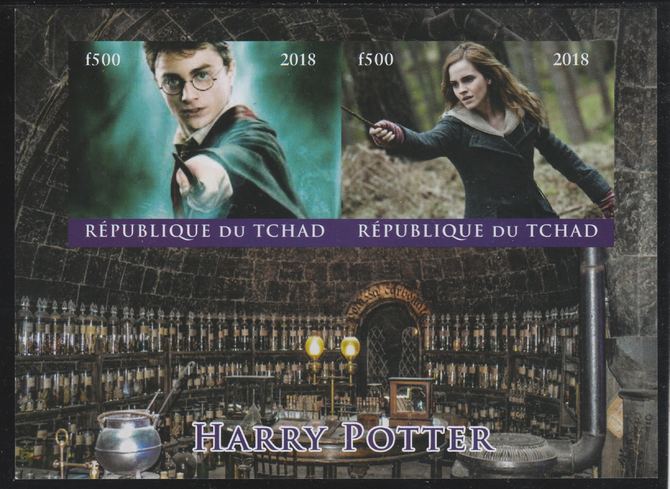 Chad 2018 Harry Potter imperf sheetlet containing 2 values unmounted mint. Note this item is privately produced and is offered purely on its thematic appeal. . , stamps on films, stamps on movies, stamps on cinema, stamps on sci-fi