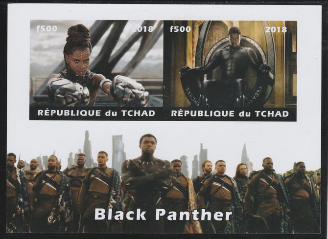 Chad 2018 Black Panther imperf sheetlet containing 2 values unmounted mint. Note this item is privately produced and is offered purely on its thematic appeal. . , stamps on films, stamps on movies, stamps on cinema, stamps on fantasy, stamps on disney