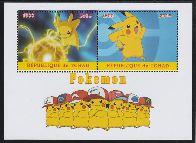 Chad 2018 Pokemon perf sheetlet containing 2 values unmounted mint. Note this item is privately produced and is offered purely on its thematic appeal. . , stamps on films, stamps on movies, stamps on cinema, stamps on 