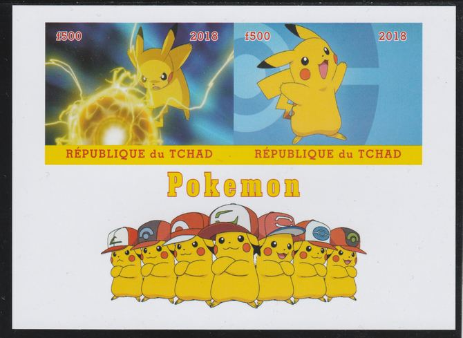 Chad 2018 Pokemon imperf sheetlet containing 2 values unmounted mint. Note this item is privately produced and is offered purely on its thematic appeal. . , stamps on films, stamps on movies, stamps on cinema, stamps on 