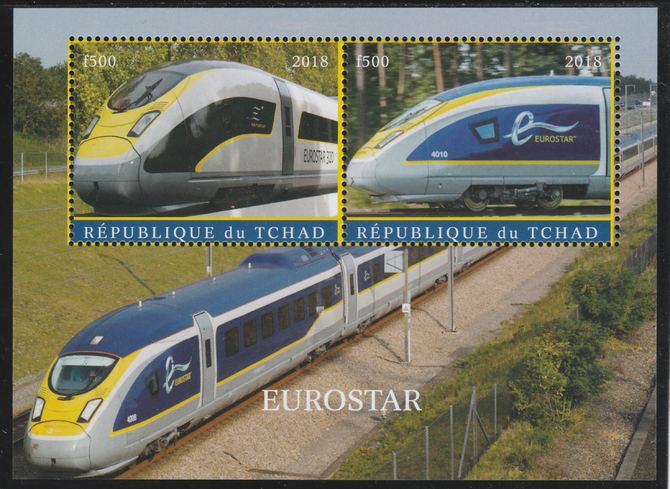 Chad 2018 Eurostar perf sheetlet containing 2 values unmounted mint. Note this item is privately produced and is offered purely on its thematic appeal. . , stamps on railways, stamps on eurostar
