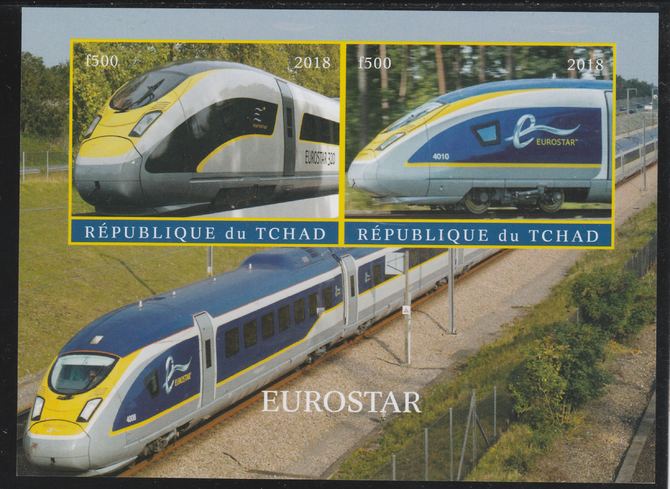 Chad 2018 Eurostar imperf sheetlet containing 2 values unmounted mint. Note this item is privately produced and is offered purely on its thematic appeal. . , stamps on railways, stamps on eurostar