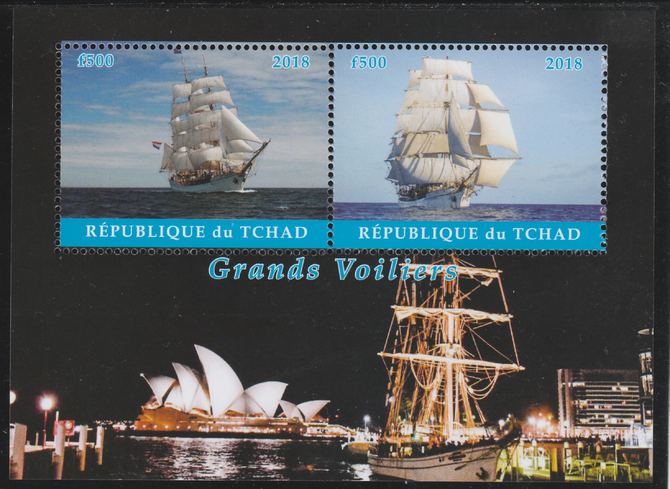 Chad 2018 Tall Ships perf sheetlet containing 2 values unmounted mint. Note this item is privately produced and is offered purely on its thematic appeal. . , stamps on ships