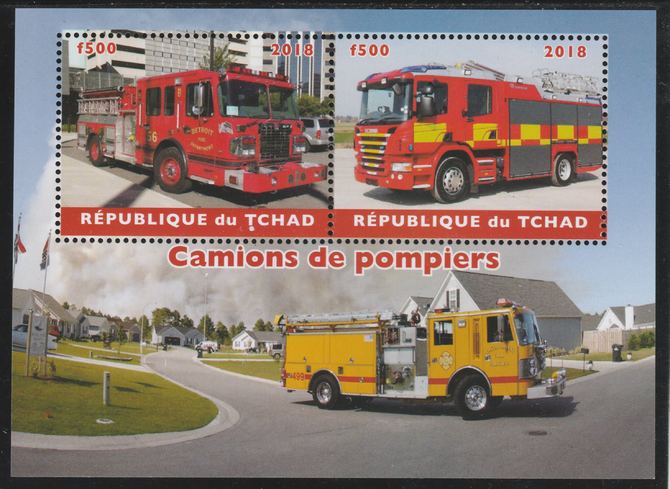 Chad 2018 Fire Trucks perf sheetlet containing 2 values unmounted mint. Note this item is privately produced and is offered purely on its thematic appeal. . , stamps on fire, stamps on fire trucks