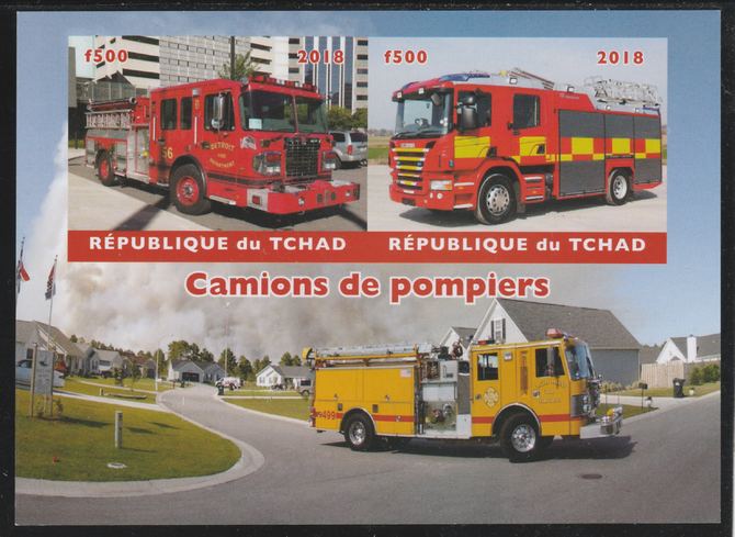 Chad 2018 Fire Trucks imperf sheetlet containing 2 values unmounted mint. Note this item is privately produced and is offered purely on its thematic appeal. . , stamps on fire, stamps on fire trucks