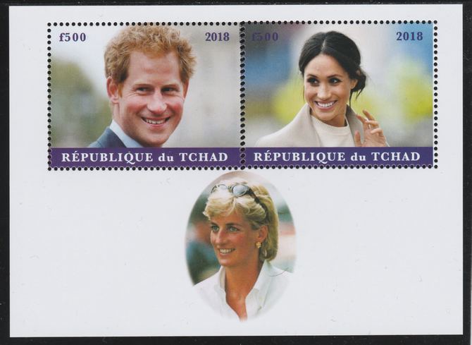Chad 2018 Harry & Meghan perf sheetlet containing 2 values unmounted mint. Note this item is privately produced and is offered purely on its thematic appeal. , stamps on royalty, stamps on harry, stamps on meghan, stamps on diana
