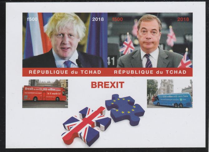 Chad 2018 Brexit imperf sheetlet containing 2 values unmounted mint. Note this item is privately produced and is offered purely on its thematic appeal, it has no postal validity, stamps on brexit, stamps on constitutions