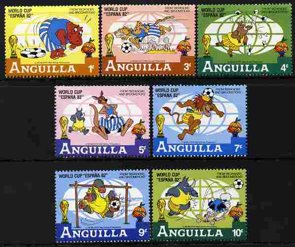 Anguilla 1982 Football World Cup short set of 7 values to 10c showing scenes from Walt Disneys Bednobs and Broomsticks unmounted mint SG 520-26, stamps on football, stamps on disney, stamps on cartons, stamps on films, stamps on cinema, stamps on animals, stamps on rhinos, stamps on kangaroos, stamps on lions, stamps on cats