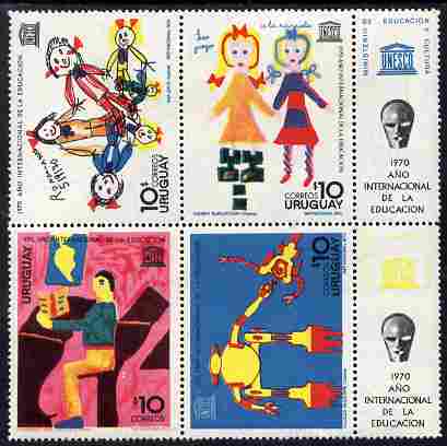 Uruguay 1970 International Education Year set of 4 in se-tenant block plus 2 labels unmounted mint, SG 1443a, stamps on education, stamps on children, stamps on arts, stamps on 