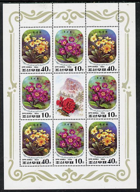 North Korea 1994 Flowers (52nd Birthday of Kim Jong Il) sheetlet containing 8 stamps (4 sets) plus label unmounted mint, as SG N3364-65, stamps on flowers