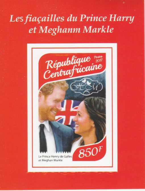 Central African Republic 2017 Prince Harry & Meghan #4 imperf deluxe sheet unmounted mint. Note this item is privately produced and is offered purely on its thematic appeal., stamps on royalty, stamps on harry, stamps on meghan