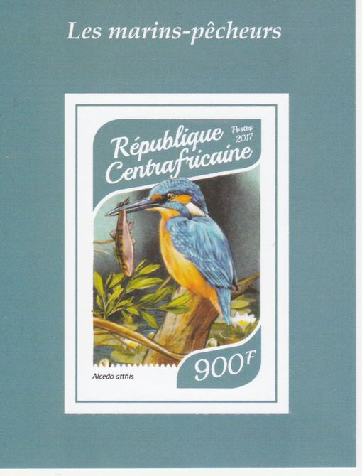 Central African Republic 2017 Birds - Kingfishers #4 imperf deluxe sheet unmounted mint. Note this item is privately produced and is offered purely on its thematic appeal..., stamps on birds, stamps on fish, stamps on kingfishers