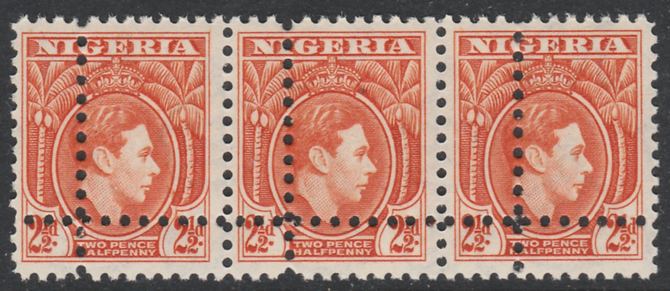Nigeria 1938-512 KG6 2.5d orange horizontal strip of 3 with perforations doubled (as SG 52b) unmounted mint. Note: the stamps are genuine but the additional perfs are a slightly different gauge identifying it to be a forgery., stamps on , stamps on  kg6 , stamps on 