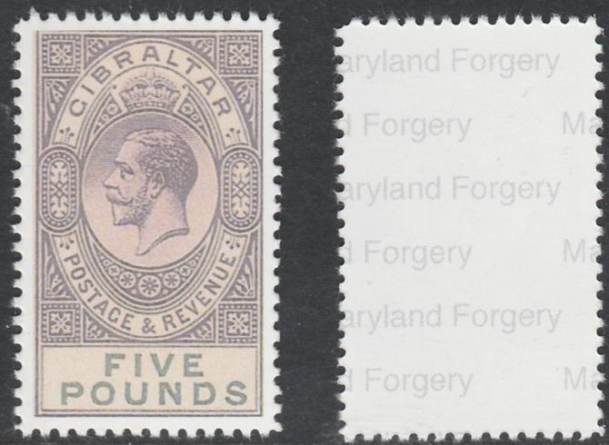 Gibraltar 1925-32 KG5 £5 violet & black Maryland perf forgery unused, as SG 108 - the word Forgery is printed on the back and comes on a presentation card with descripti..., stamps on , stamps on  kg5 , stamps on maryland, stamps on forgery, stamps on forgeries, stamps on 