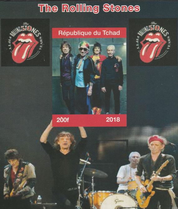 Chad 2018 Rolling Stones perf souvenir sheet unmounted mint. Note this item is privately produced and is offered purely on its thematic appeal. , stamps on music, stamps on pops, stamps on rock, stamps on rolling stones