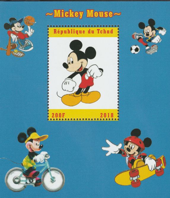 Chad 2018 Mickey Mouse perf souvenir sheet unmounted mint. Note this item is privately produced and is offered purely on its thematic appeal. , stamps on mickey mouse, stamps on disney
