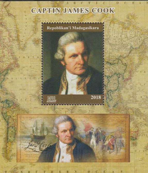 Madagascar 2018 Capt James Cook perf souvenir sheet unmounted mint. Note this item is privately produced and is offered purely on its thematic appeal. , stamps on personalities, stamps on explorers, stamps on cook