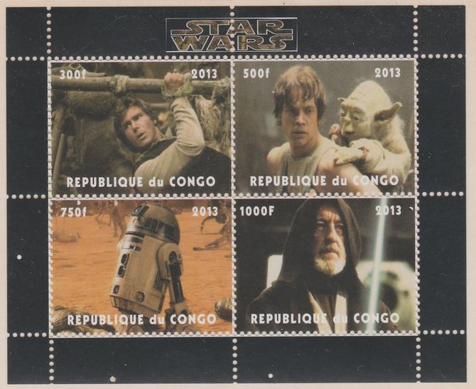Congo 2013 Star Wars perf sheetlet containing 4 values unmounted mint. Note this item is privately produced and is offered purely on its thematic appeal, it has no postal validity, stamps on films, stamps on movies, stamps on cinema, stamps on sci-fi, stamps on star wars
