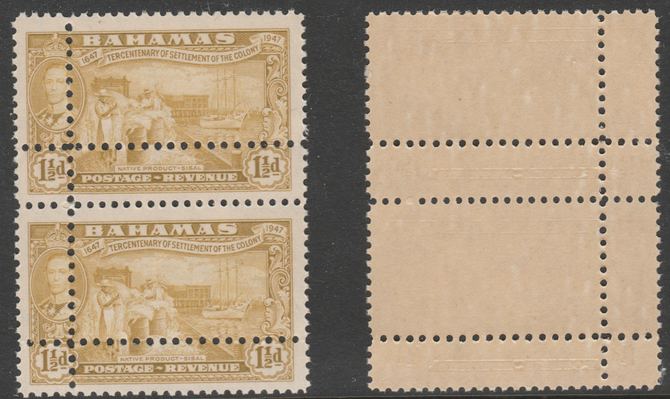 Bahamas 1948 Tercentenary 1.5d vertical pair with perforations doubled, unmounted mint. Note: the stamps are genuine but the additional perfs are a slightly different gauge identifying it to be a forgery., stamps on sisal, stamps on  kg6 , stamps on 