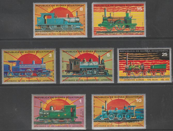Equatorial Guinea 1972 Japanese Trains Centenary perf set of 7 unmounted mint Mi 1147-1153, stamps on railways