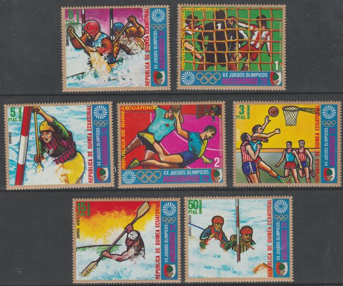 Equatorial Guinea 1972 Munich Olympics (1st series) perf set of 7 values unmounted mint, Mi 57-63, stamps on sport, stamps on olympics, stamps on canoes, stamps on basketball, stamps on football, stamps on handball