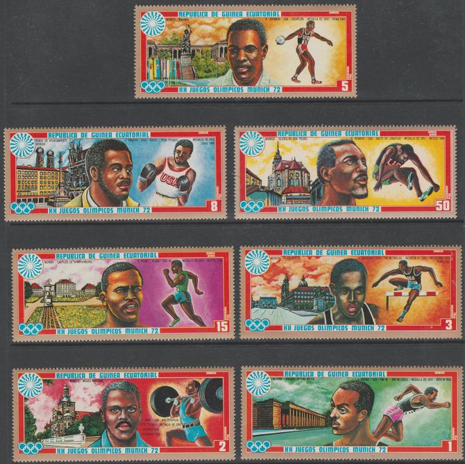 Equatorial Guinea 1972 Munich Olympics (3rd series) perf set of 7 values unmounted mint, Mi 81-87, stamps on , stamps on  stamps on sport, stamps on  stamps on olympics, stamps on  stamps on discus, stamps on  stamps on boxing, stamps on  stamps on running, stamps on  stamps on weights, stamps on  stamps on weight lifting, stamps on  stamps on steeplechase, stamps on  stamps on long jump