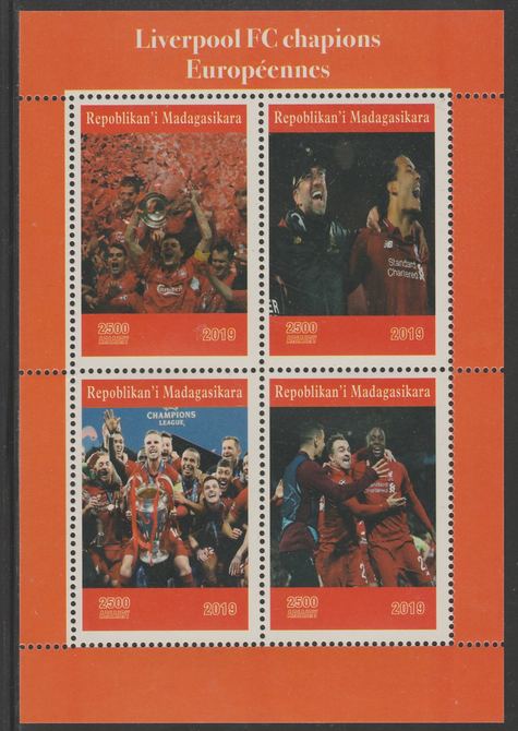 Madagascar 2019 Liverpool European Football Champions perf sheet containing 4 values unmounted mint. , stamps on football