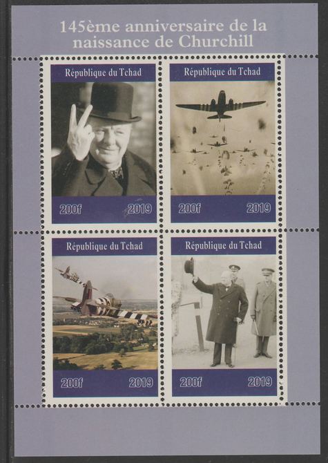Chad 2019 145 Birth Anniversary of Winston Churchill perf sheet containing 4 values unmounted mint. , stamps on churchill, stamps on  ww2 , stamps on aviation, stamps on 