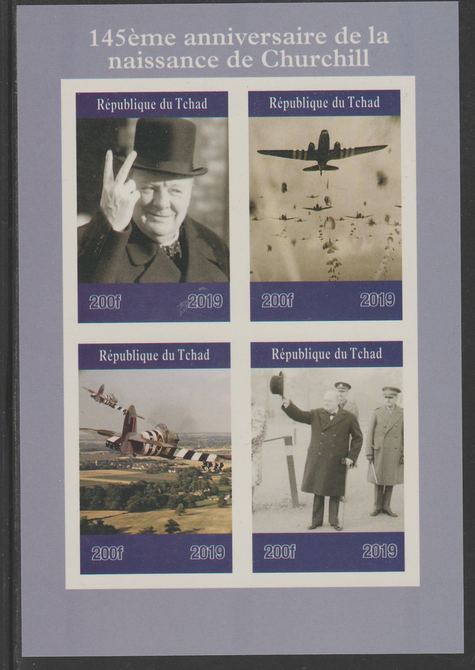 Chad 2019 145 Birth Anniversary of Winston Churchill imperf sheet containing 4 values unmounted mint. , stamps on churchill, stamps on  ww2 , stamps on aviation, stamps on 