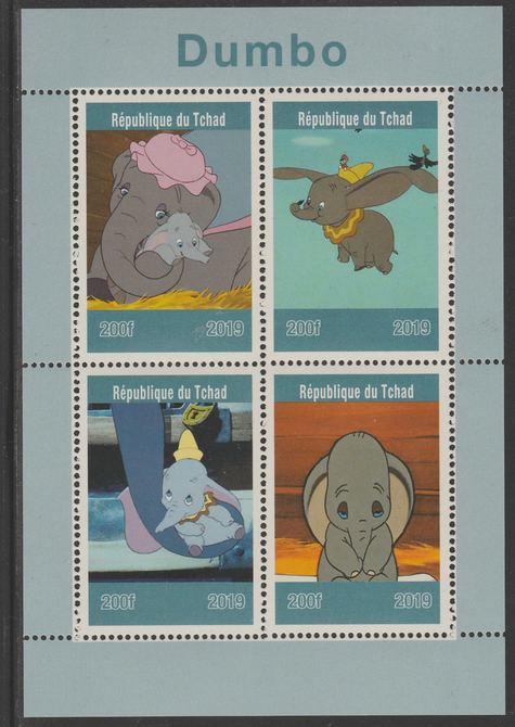 Chad 2019 Dumbo perf sheet containing 4 values unmounted mint. , stamps on disney, stamps on dumbo, stamps on elephants