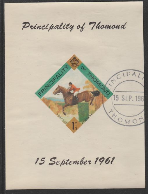 Thomond 1961 Show jumping 1.5d (Diamond-shaped) imperf m/sheet fine used with cds cancel for first day of issue, stamps on sport    horses