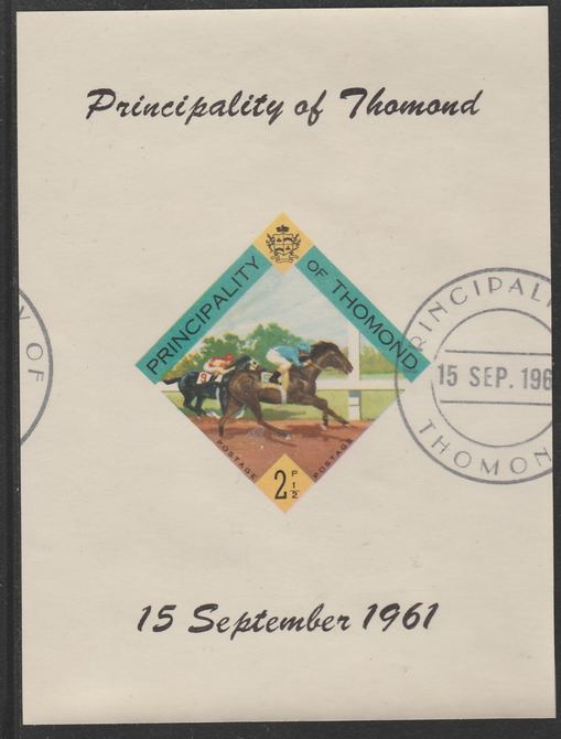 Thomond 1961 Horse Racing 2.5d (Diamond-shaped) imperf m/sheet fine used with cds cancel for first day of issue, stamps on sport    horses, stamps on horse racing