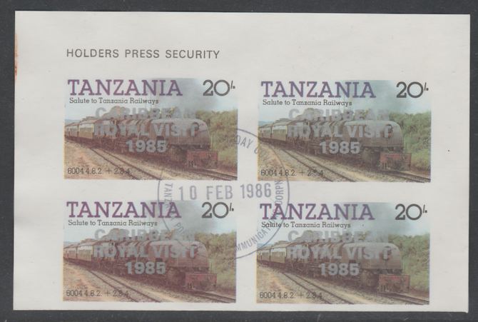Tanzania 1985 Locomotives 20s imperf block of 4 each with 'Caribbean Royal Visit 1985' opt in silver with central cds cancel for first day of issue, stamps on , stamps on  stamps on railways, stamps on royalty, stamps on royal visit