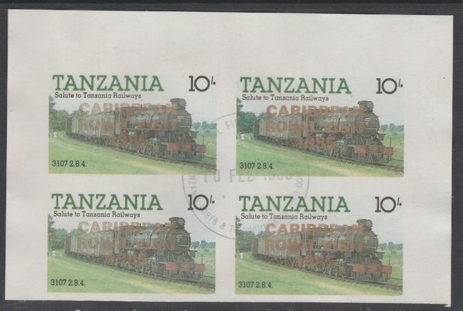 Tanzania 1985 Locomotives 10s imperf block of 4 each with Caribbean Royal Visit 1985 opt in gold with central cds cancel for first day of issue, stamps on railways, stamps on royalty, stamps on royal visit