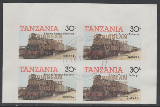 Tanzania 1985 Locomotives 30s imperf block of 4 each with Caribbean Royal Visit 1985 opt in gold with central cds cancel for first day of issue, stamps on railways, stamps on royalty, stamps on royal visit