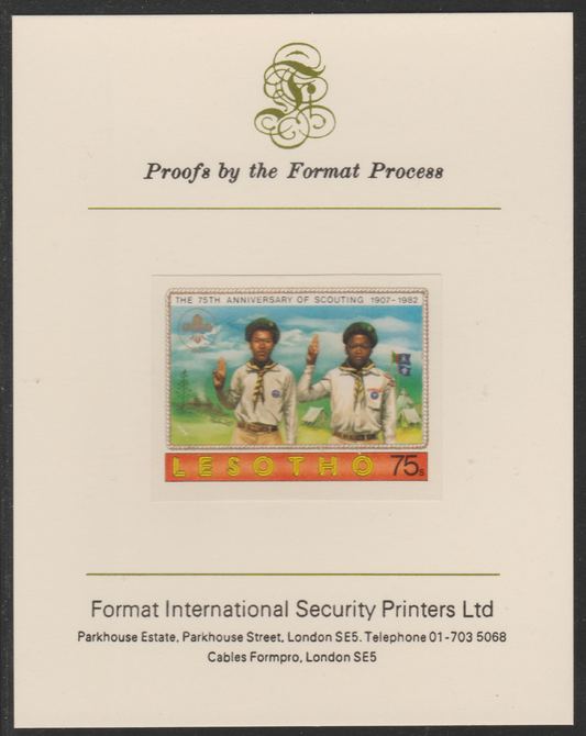 Lesotho 1982 75th Anniversary of Scouting- 75s Scouts Saluting,imperf mounted on Format International Proof Card, as SG478, stamps on scouts