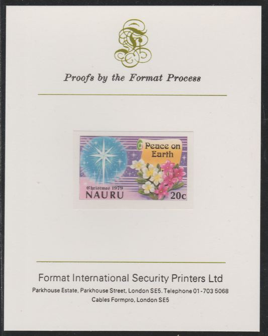 Nauru 1979 Christmas 20c Peace on Earth  imperf mounted on Format International Proof Card, as SG218, stamps on christmas
