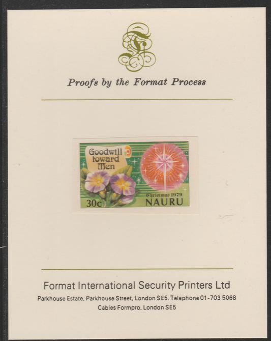 Nauru 1979 Christmas 30c Goodwill Toward Men,imperf mounted on Format International Proof Card, as SG219, stamps on christmas