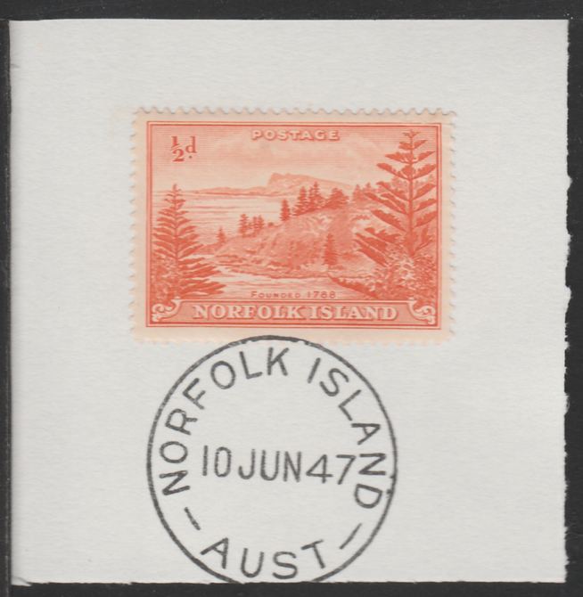 Norfolk Island 1947 Ball Bay 1/2d (SG 1) on piece with full strike of Madame Joseph forged postmark type 306, stamps on tourism