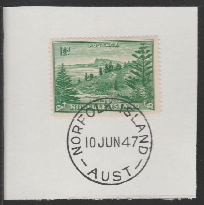 Norfolk Island 1947 Ball Bay 1.5d (SG 3) on piece with full strike of Madame Joseph forged postmark type 306, stamps on tourism