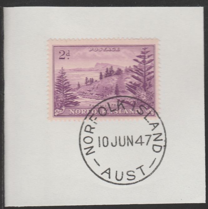 Norfolk Island 1947 Ball Bay 2d (SG 4) on piece with full strike of Madame Joseph forged postmark type 306, stamps on tourism