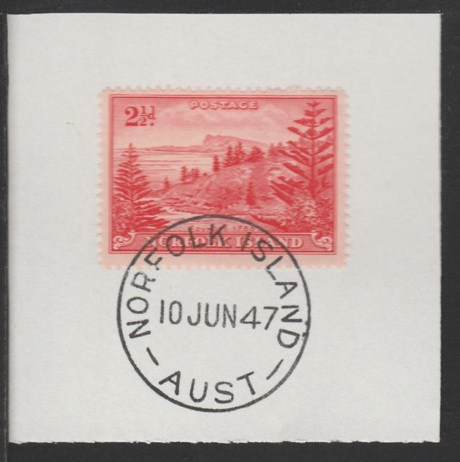 Norfolk Island 1947 Ball Bay 2.5d (SG 5) on piece with full strike of Madame Joseph forged postmark type 306, stamps on tourism