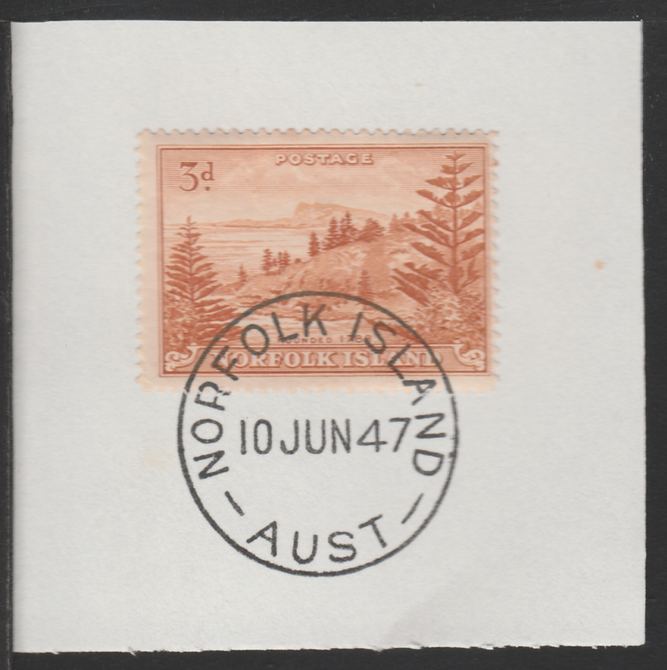 Norfolk Island 1947 Ball Bay 3d (SG 6) on piece with full strike of Madame Joseph forged postmark type 306, stamps on tourism
