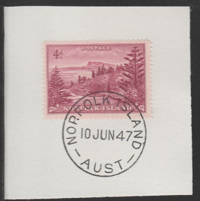 Norfolk Island 1947 Ball Bay 4d (SG 7) on piece with full strike of Madame Joseph forged postmark type 306, stamps on tourism
